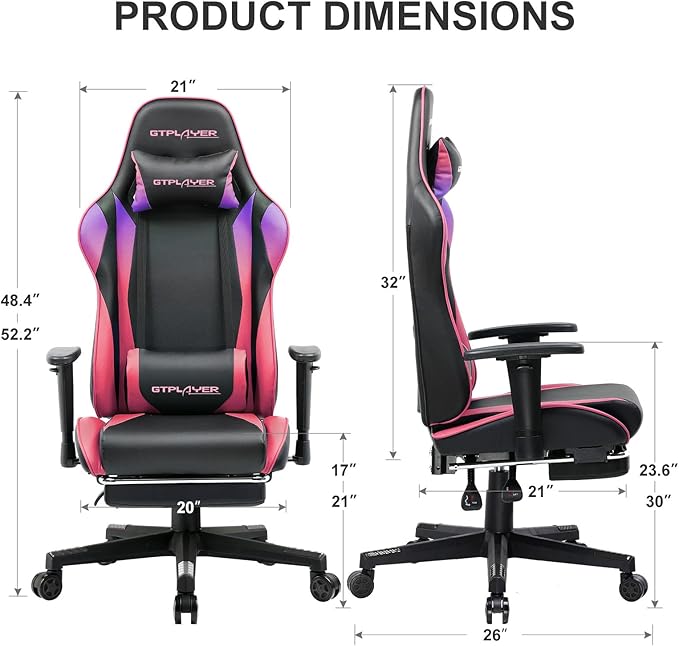 GTPLAYER Gaming Chair with Footrest Ergonomic Computer Game Desk Chair Reclining Game Chair Seat Height Adjustment Swivel Rocker with Headrest and Lumbar (Colorful)