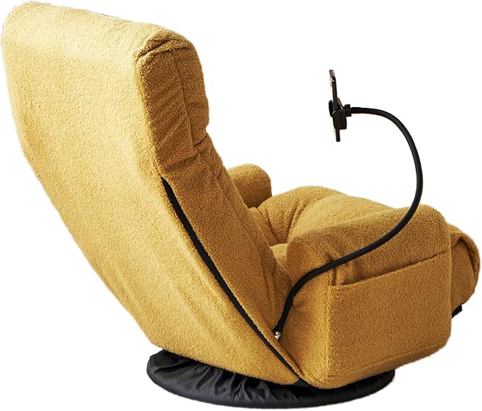 360° Swivel Floor Gaming Chair Yellow Teddy Folding Chaise Lounge Chair Adjustable Comfy Sofa Chair with Armrests Phone Holder &amp Padded Cushion Ideal for Living Room Bedroom