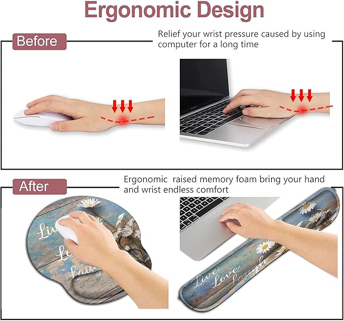 Mouse Pad for Women Ergonomic Gel Mouse Pad Keyboard Wrist Rest Relieves Fatigue White Daisy Flowers on Wooden Non-Slip and Durable Memory Foam Keyboard Wrist Rest for Office Typing