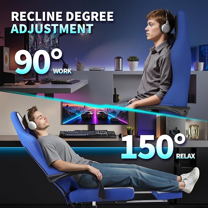 Gaming Chair Ergonomic Computer Chair with Footrest Big Tall PC Gamer Chair with Headrest and Massage Lumbar Support 360° Swivel Height Adjustable Fabric Video Office Chairs for Adults (Blue)
