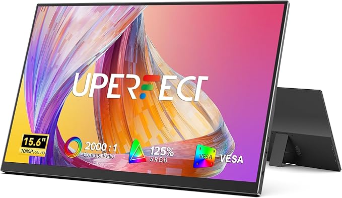 UPERFECT Portable Monitor 15.6 125% sRGB 1080P Ultra-Slim Travel Monitor USB C HDMI Plug &amp Play IPS Gaming Monitor Built-in Stand Dual Speakers External Screen for Laptop Phone Game Console