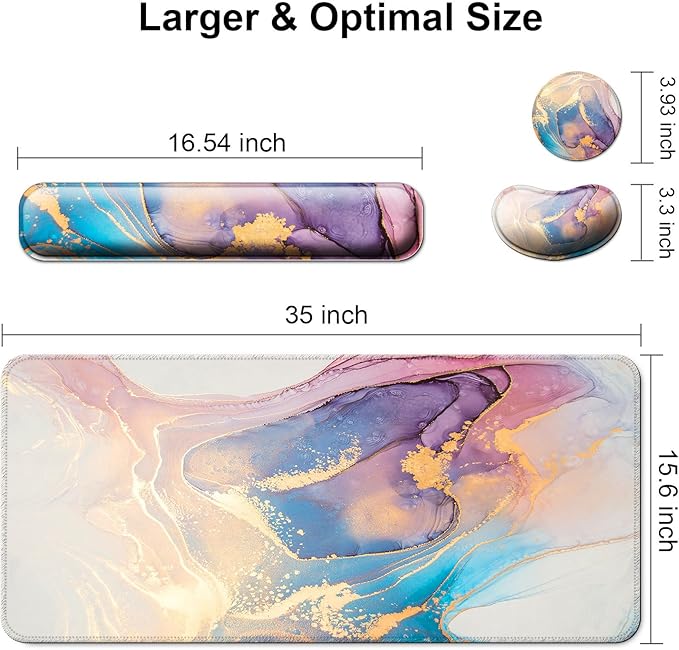 Keyboard Wrist Rest + Mouse Pad with Wrist Support + Desk Mat + Coaster 4 in 1 Set XXL Large Gaming Mousepad Cute Ergonomic Mouse Pads for Desk Computer Laptop Office Decor-Blue Marble