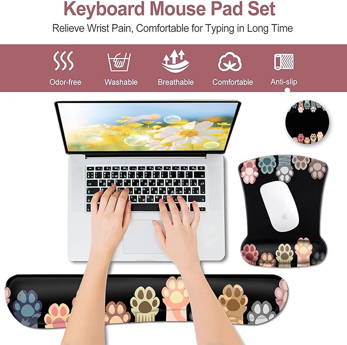 Ergonomic Mouse Pad with Wrist Support Gel Non-Slip Laptop Computer Keyboard Mousepad for Office &amp Home Cute Cat Paws Design Memory Foam Keyboard Wrist Rest Colorful Cat Paws