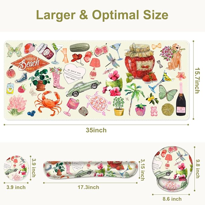 Mouse Pad 4 in1 Large Desk Mat Desk Pad Matt for Desktop Anti-Slip XXL Big Computer Ergonomic Mousepad with Wrist Support for Keyboard and Mouse for Women I Watercolor Stickers