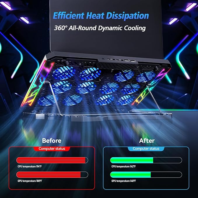 Laptop Cooling Pad with 12 Quiet Fans Slim Portable for 12-17.3 Inch Laptop Cooler Stand with 5 Height Adjustable Ergonomic Gaming Cooling Fan Pad with Two USB Ports &amp Phone Holder (Gear)