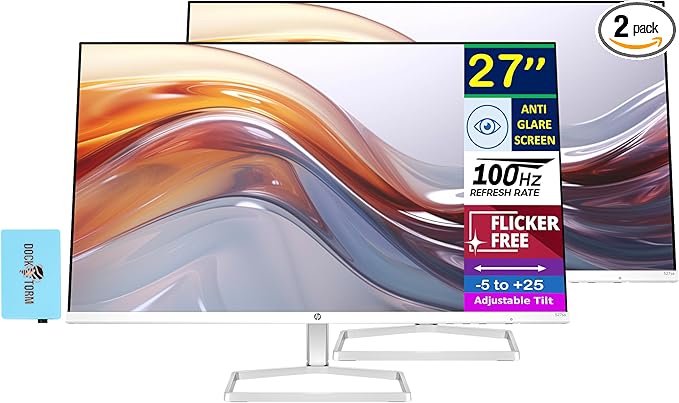 HP Series 5 527sa 27 FHD IPS Monitor with 5ms Response Time Flicker Free Anti-Glare Low Blue Light VGA HDMI &amp Dockztorm USB Port Expander White/Silver Color (94F48AA#ABA) 2 Pack