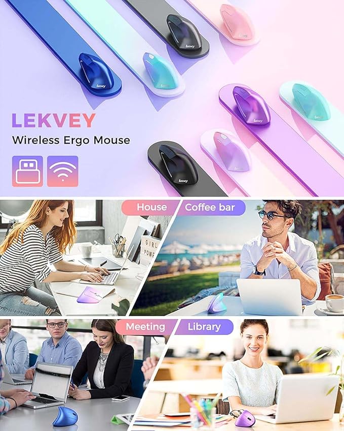Lekvey Ergonomic Mouse Vertical Wireless Mouse Rechargeable 2.4 GHz Optical Carpal Tunnel Mouse : 800/1200/1600 DPI 6 Buttons for Laptop PC Mac Computer Desktop Notebook etc Pink to Purple