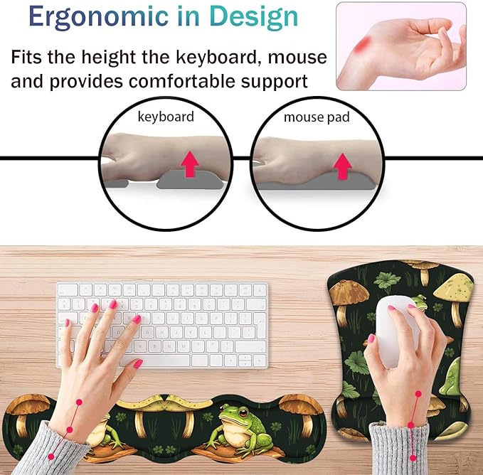 Ergonomic Keyboard Wrist Support Pad and Wrist Support Mouse Pad Anti-Slip with Gel Memory Mouse Pad Set Suitable for Office Use/Home Use - Adorable Frog Mushrooms