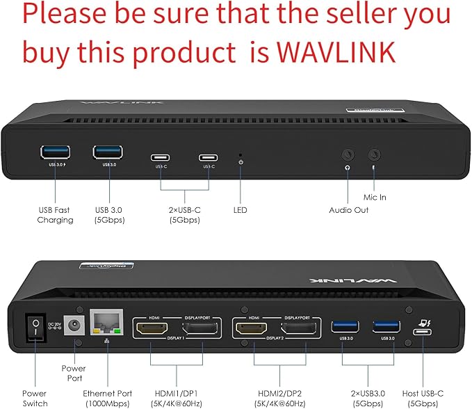 WAVLINK Universal USB C Laptop Docking Station Dual Monitors 5K/4K@60Hz with 65W Host Charging for Thunderbolt 4/3 USB-C Windows Mac M1-M5/Macbook Neo Chrome (2HDMI+2DP) 6USB 3.0 1Gbps Ethernet