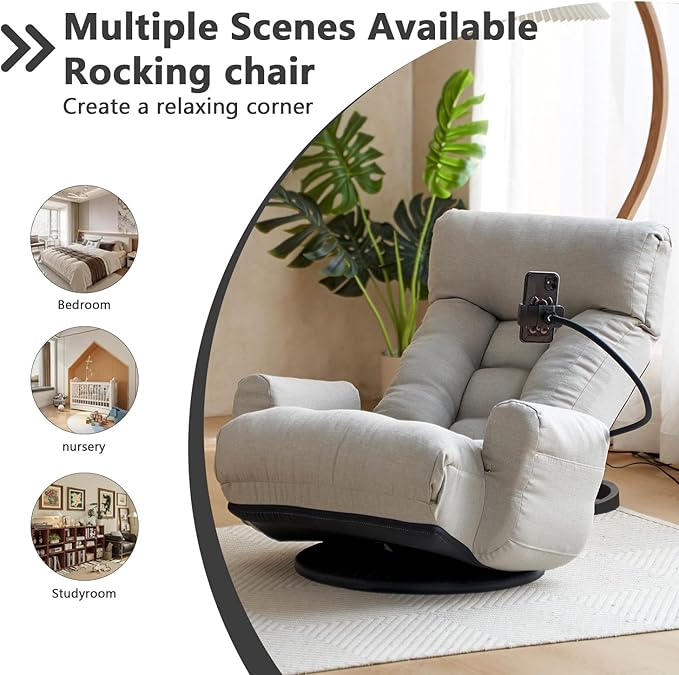 360-Degree Swivel Floor Chair with 5-Position Folding Design Adjustable Headrest Waist Support Armrests and Phone Holder for Living Room (Gray+Fine Linen)