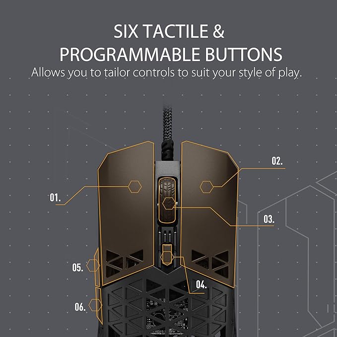 ASUS TUF M4 Air Wired Gaming Mouse - P307 Durable and Ultralight Air Shell Design 16000 dpi Optical Sensor Six Tactile programmable Buttons IPX6 Water Resistance Black Color