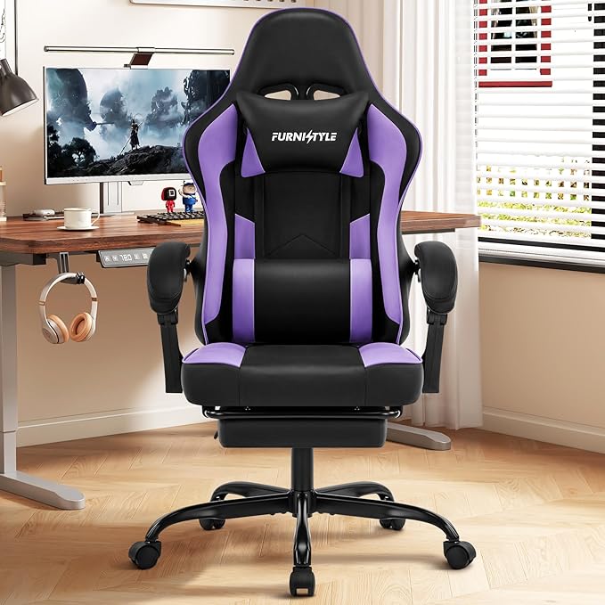 Gaming Chair Purple Gaming Chairs for Adults Teens High-Back Ergonomic Computer Chair with Extended Footrest Removable Headrest &amp Lumbar Support Wide PU Leather Reclining Desk Chair