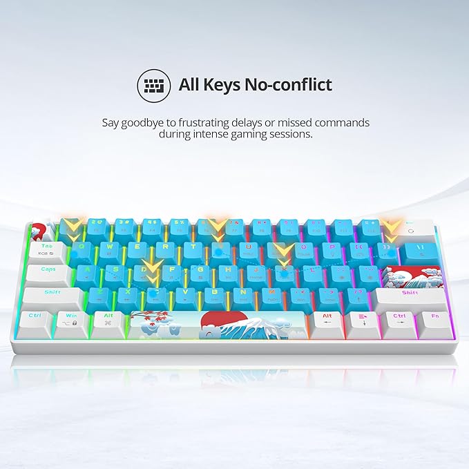 Blue and White Mechanical Gaming Keyboard 60% 61 Keys Small Wired RGB Keyboard with PBT Keycaps Anti-Ghosting for Game/Office