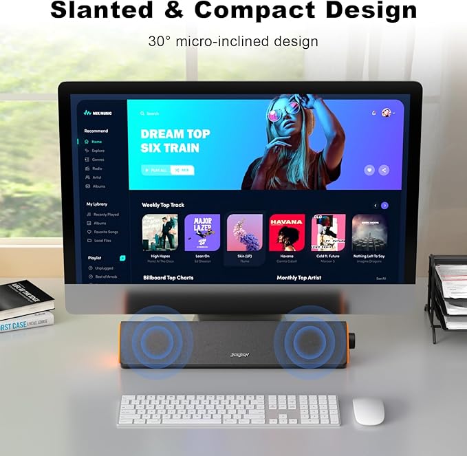 SOULION R50 Bluetooth Computer Speakers 3.5mm PC Sound Bar for Desktop Monitor Wired USB Powered &amp Colorful LED Lights with Switch Button Surround Sound Soundbar PC Spearkers for Computer