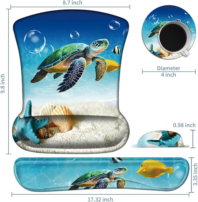Keyboard Wrist Rest and Mouse Wrist Rest Pad Set Made of Memory Foam with Non Slip Rubber Base Ergonomic Gel Wrist Rest for Computer Keyboard Gaming Office Working with Ocean Sea Turtle Coaster
