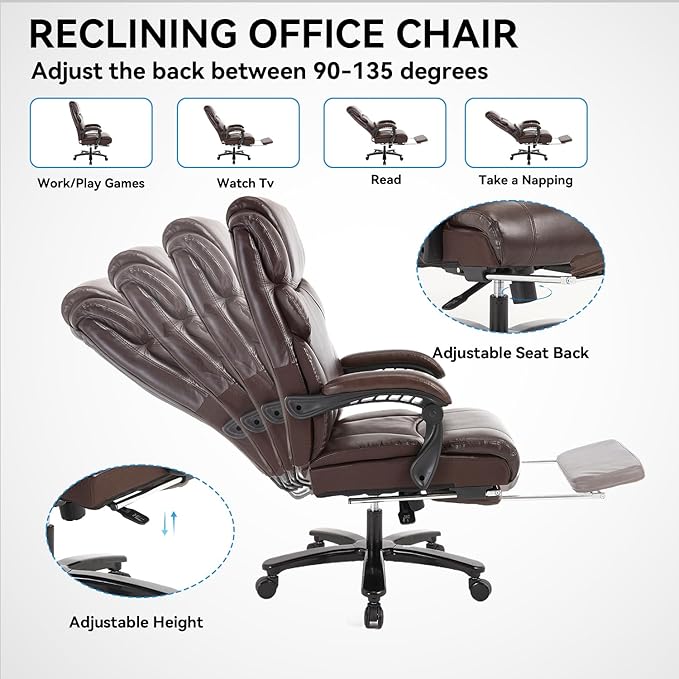 Heavy Duty Executive Office Chair 550lbs Big and Tall Office Chair with Wide Seat Reclining Ergonomic Desk Chair with Footrest PU Leather Computer Chair for Home Office Brown