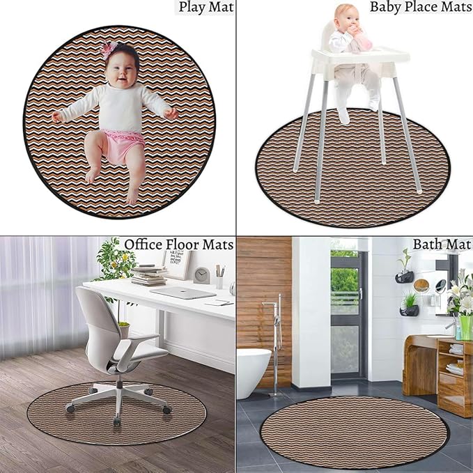 Brown and Tan Office Home Chair Mat Gaming Computer Rolling Chair Mats Round Chair Cushion Non-Slip Low-Pile Hardwood Floor Mats Waves Geometric Retro Style Tiling Diameter 43.3 in