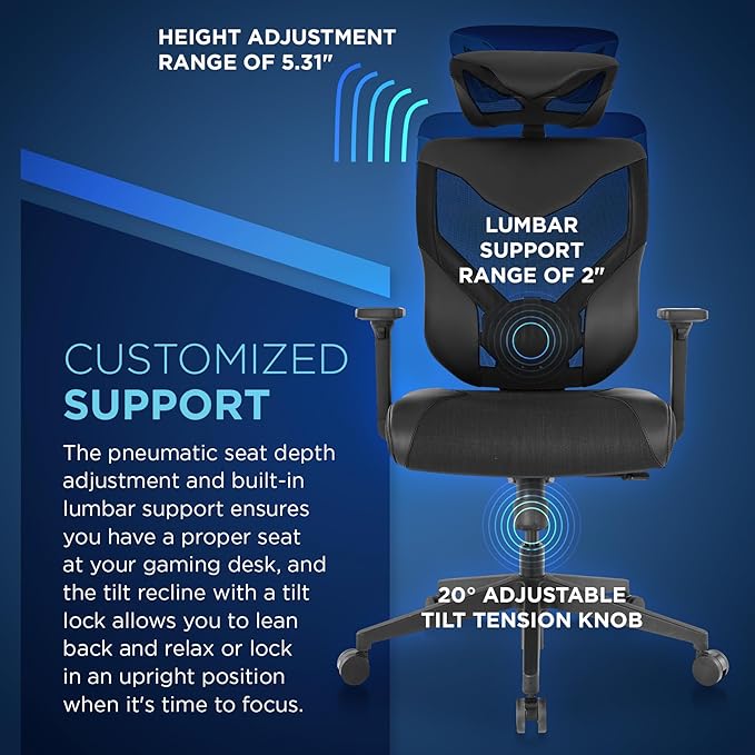 Tempur-Pedic Blaze Auto-Adaptive Ergonomic Gaming Chair with Lumbar Support and 3D Armrest Adjustment Cooling Racing Style Gaming Chair Black