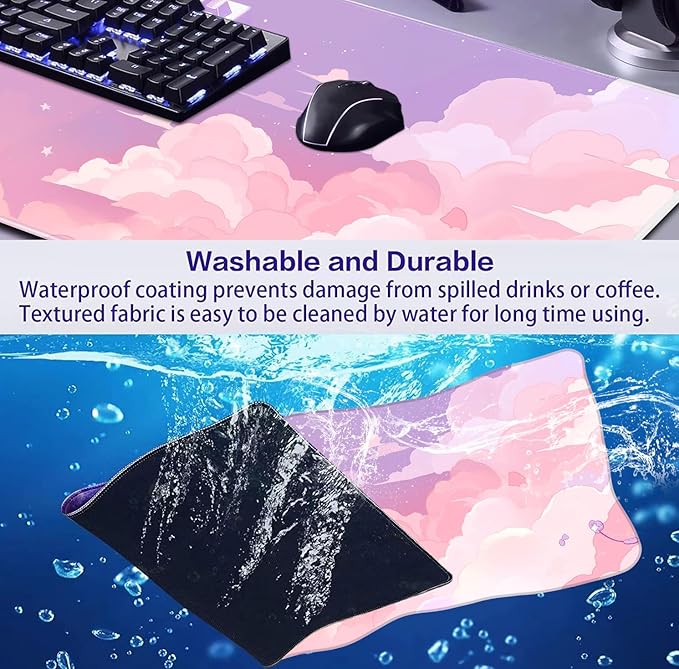 Cute Anime Cloud Desk Mat Beautiful Pink Stitching Edge Non Slip Rubber Mouse Pad Suitable for Female and Girl Office Decoration 35.4 x 15.7 x 0.12 Inches