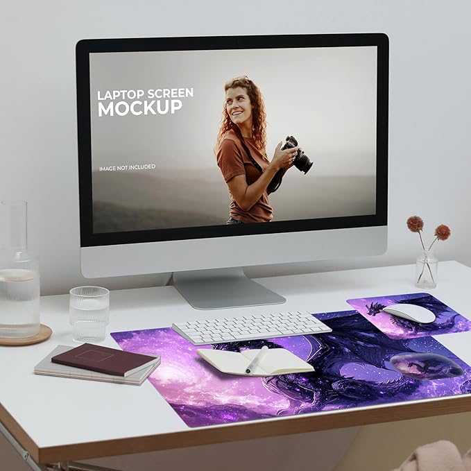Desk Pad Large Game Mouse Pad + Small Mouse Pad + Wrist RestErgonomic Mouse PadTable Mat with Stitched EdgeAnti-SlipMemory Foam Desk Mat for Home Office Gaming(23.6×11.8in)Purple Dragon
