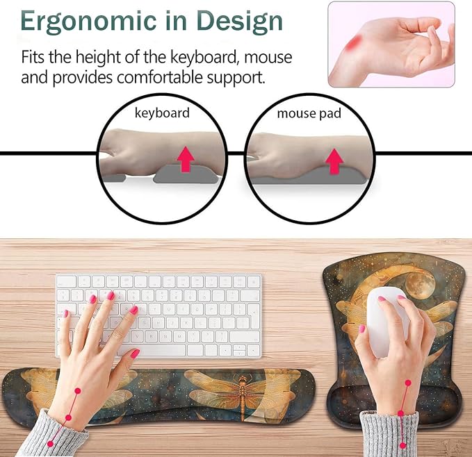 Keyboard Wrist Support + Wrist Mousepad + Coaster Combination Non-Slip PU Base with Gel Memory Mousepad Suitable for Gaming Office Pain Relief Mousepad Set - Vintage Dragonfly