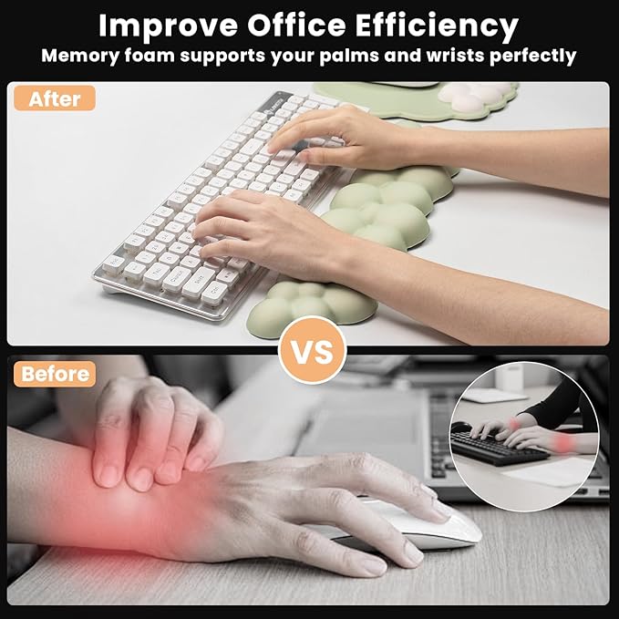 Ergonomic Mouse Pad and Keyboard Wrist Rest - Green Cloud Wrist Rest Keyboard with Mouse Wrist Pad Sets Soft Memory Foam Wrist Support for Laptop Mac Office Work Gaming
