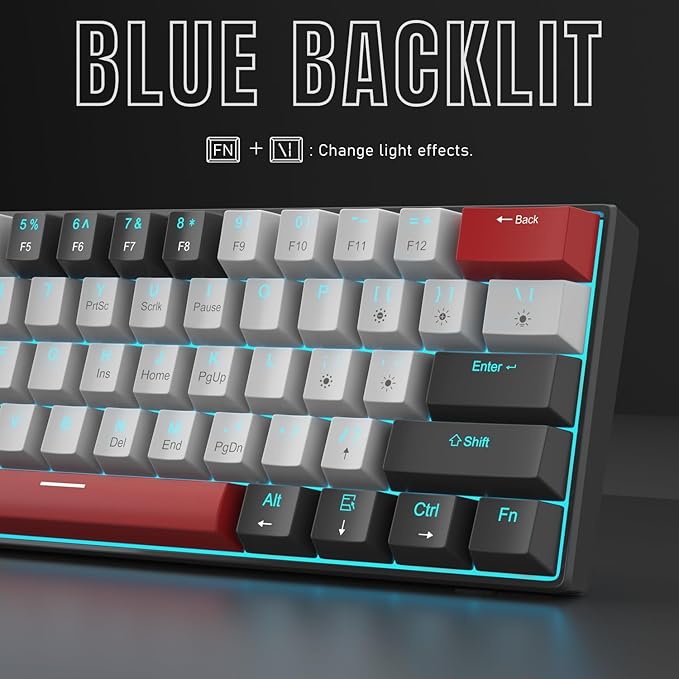 Camiysn 60% Mechanical Gaming KeyboardMixed Color Keycaps Gaming Keyboard with Clicky Blue Switches Detachable Type-C Cable Mini Keyboard with Blue LED Light for/PC/Laptop
