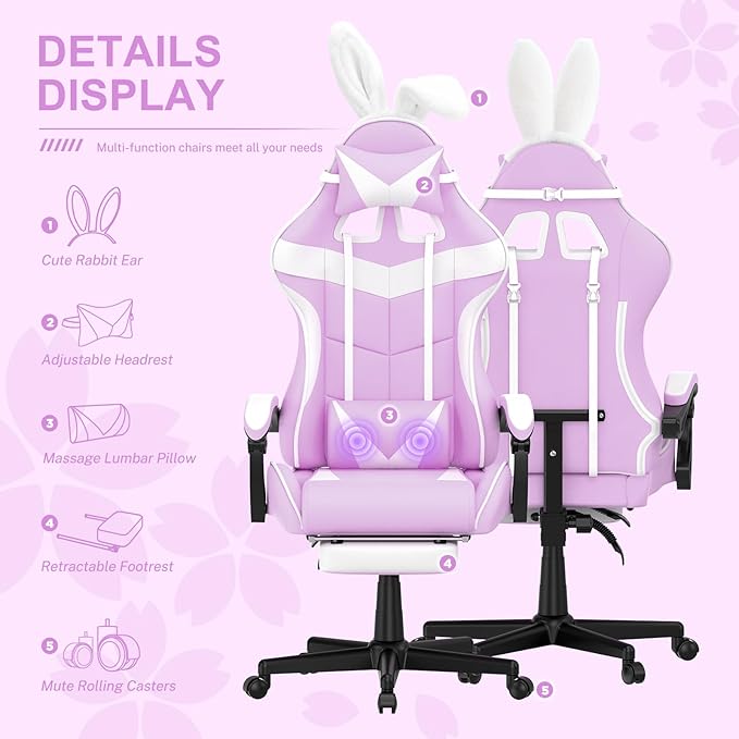 Soontrans Light Purple Gaming Chair with FootrestLovely Cute Bunny Computer Gamer ChairKawaii Desk Chair for GranddaughterSisterGirlfriendWife and Love