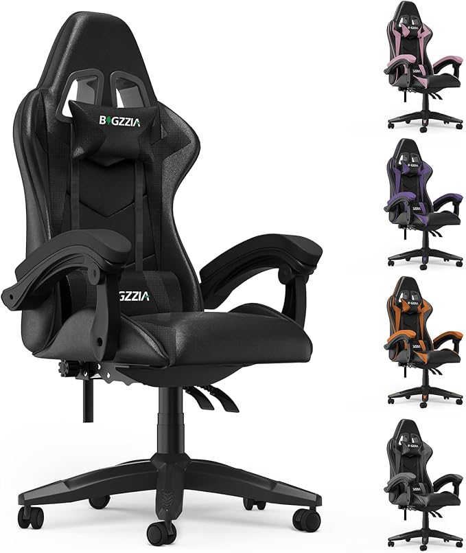 Bigzzia Gaming Chair Computer Chair with Lumbar Support Video Game Chairs for Adults Racing Style Gamer Chair with 360°-Swivel Seat and Headrest（Pure Black）