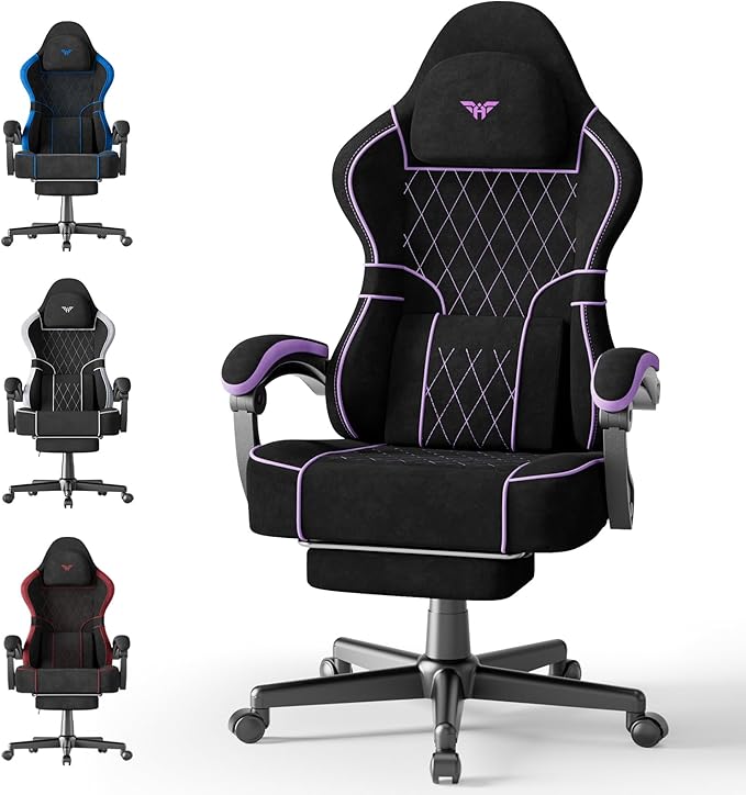Huracan Ergonomic Gaming Chair Velvet Fabric Massage Game Chair with Footrest for Adults High Back Racing Computer Chair Lumbar Support Extended Seat for Home Office Video Game Black and Purple