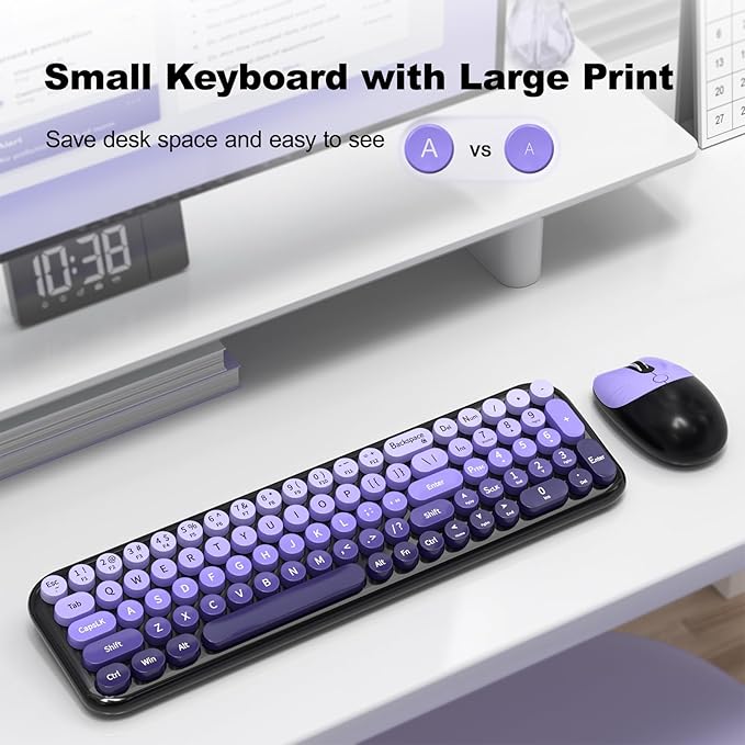 Wireless Keyboard and Mouse Combo MOWUX Compact Typewriter Retro Round Computer Keyboard Cute Optical Mouse Wireless Plug and Play for Laptop PC Computer- Black Purple Gradient