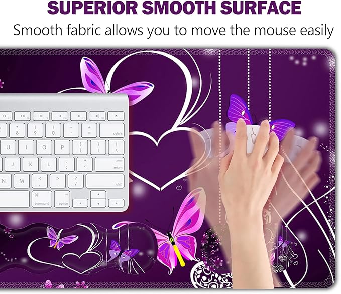 Upgraded Extended Gaming Mouse Pad Keyboard Wrist Rest Pad Wrist Support Mousepad Set Artso Large Rubber Base Stitched Edges Multifunctional Desk Pad (35 x15.5 in) Purple Heart Butterfly