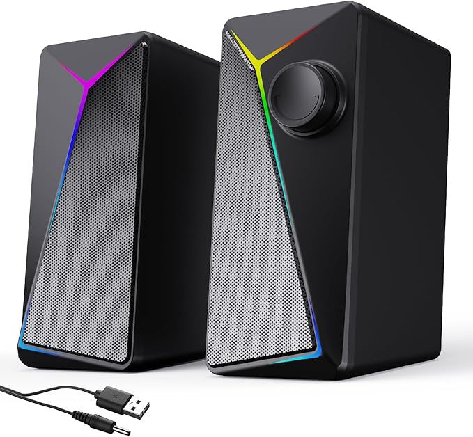 Computer Speakers for Desktop PC USB-Powered Gaming Speakers for Laptop – Multi Colorful LED Backlight Modes Stereo Sound for Gamers Music Movies Indoor &amp Outdoor Use 3.5mm AUX Cable