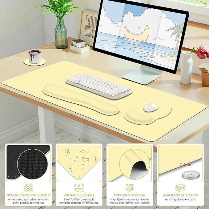4 PCS Mouse Pad Desk Mat Protector Keyboard Wrist Rest + Comfortable Mouse Pad with Wrist Rest +Coaster Large Gaming Mousepad for Computer Laptop 35.4 X 15.7 XXL Deskpad for Office Home I Yellow