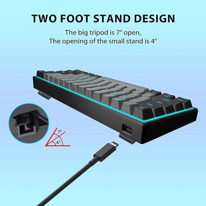 Snpurdiri 60% Wired Mechanical Gaming Keyboard Ice Blue LED Backlit 61 Keys Mini Wired Office Keyboard for Windows Laptop PC Mac (Black-Grey Red Switches)