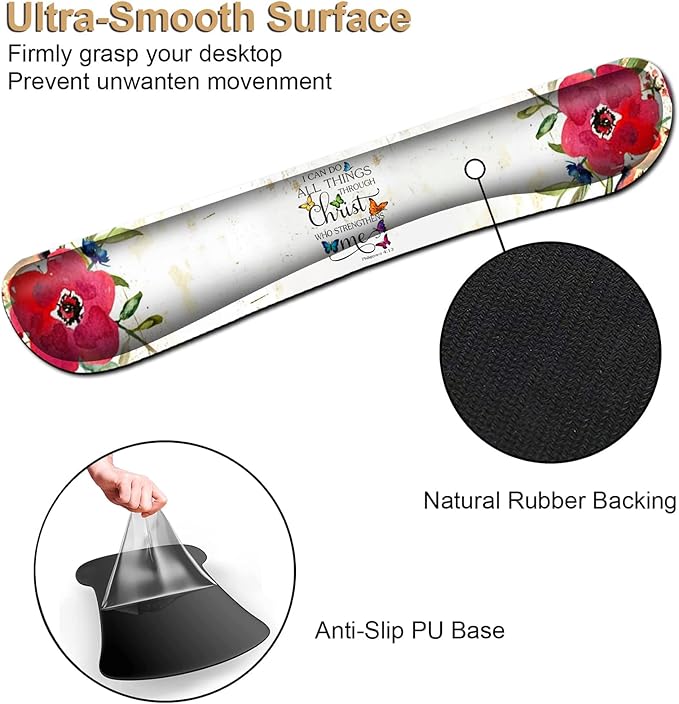 Mouse Pad with Wrist Support Ergonomic Memory Foam Keyboard Wrist Rest Comfortable Mouse Pad for Gaming/Working Gel Desk Pad Non-Slip PU Base Philippians 4-13 Watercolor Red Flower White Mousepads