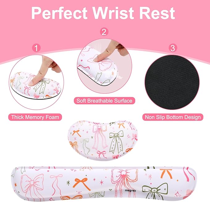 MEGREZ 4-in-1 Ergonomic Memory Foam Wrist Rest Set Desk Pad Mouse Pad with Wrist Rest Keyboard Pad Suitable for Office Workers Programmers &amp Gamers–Relieve Typing &amp Gaming Fatigue Bow