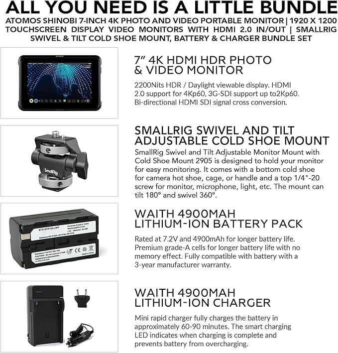 Atomos Shinobi 7-Inch 4K Photo and Video Portable Monitor | 1920 x 1200 Touchscreen Display Video Monitors with HDMI 2.0 in/Out | SmallRig Swivel &amp Tilt Cold Shoe Mount Battery &amp Charger Bund