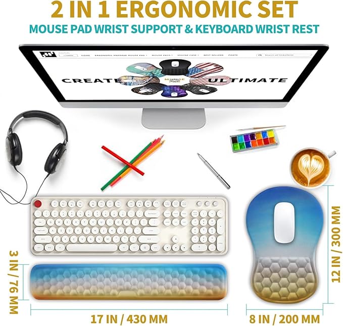 Hokafenle 2 in 1 Ergonomic Mouse Pad Wrist Support &amp Wrist Rest for Computer Keyboard Set with Relieve Carpal Tunnel Pain Massage Bulge and Full Memory Gel Design (2In1 Set Morning Sky)