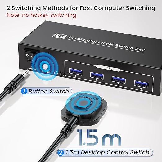 8K@60Hz Dual Monitor Displayport KVM Switch 2 Monitors 2 Computers USB 3.0 4K@120Hz DP KVM Switch for 2 PCs Share 2 Monitors and 4 Port USB 3.0 to Connect Keyboard Mouse Printer and More