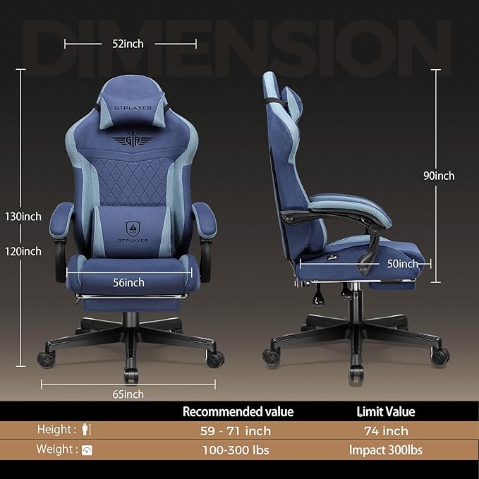 GTPLAYER Gaming Chair with Footrest Big and Tall Game Chair High Back Computer Office Chair with Lumbar Support for Adults Ergonomic Swivel Games Chair with Cushion Gaming Fabric Blue