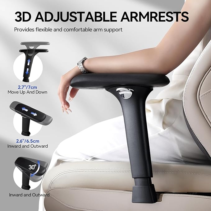 EMIAH Ergonomic Office Chair with Foot Rest Reclining Office Chair with Adjustable Arms and Headrest High Back Gaming Chair with Lumbar Support PU Leather(Beige)