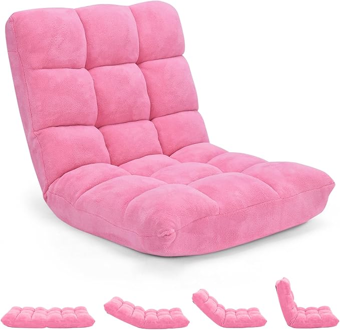 RELAX4LIFE Floor Chair with Back Support - 14-Position Adjustable Lazy Sofa Chair Padded Sleeper Bed &amp Couch Recliner for Reading Meditation Folding Floor Gaming Chair for Adults (Pink)