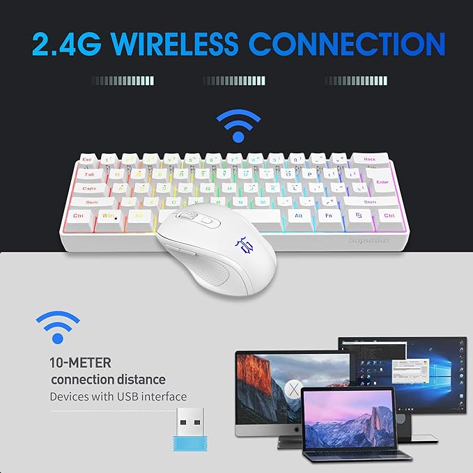 Snpurdiri 2.4G Wireless Gaming Keyboard and Mouse Combo Include Small 60% Merchanical Feel Ergonomic Design Mini Wireless Mouse(White)