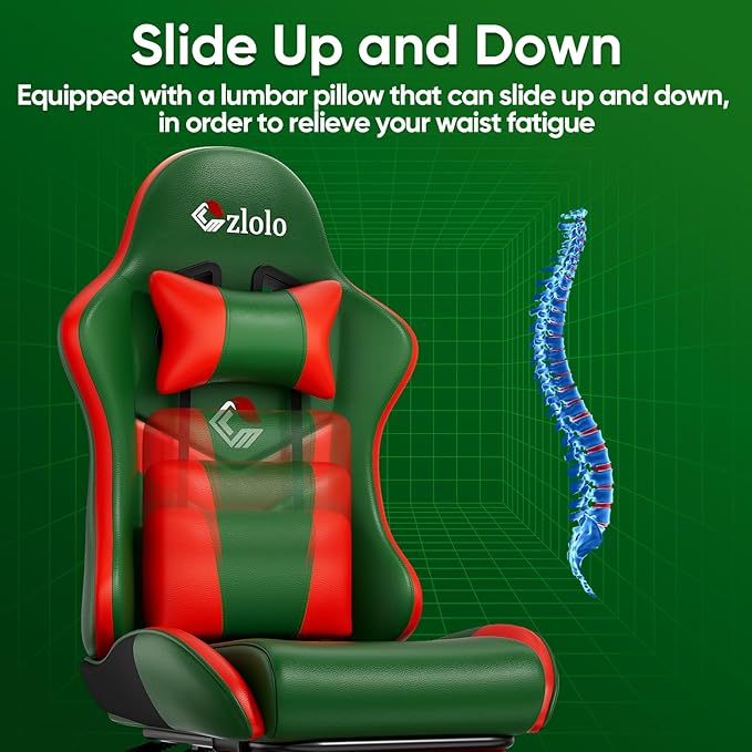 Gaming Chair Lumbar Support Massage Computer Chair High Back Gamer Chair with Footrest and Headrest Lumbar Pillow Recline Wide Seat Gaming Chairs for Christmas/Birthday Gifts Green