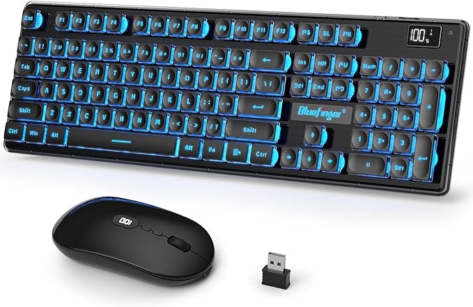 BlueFinger Wireless Gaming Keyboard and Mouse Combo Upgrade Battery Percentage Display Rechargeable Slim Gaming Keyboard Mouse Set Light Up Full-Size Keyboard Silent Mouse Set for Computer Laptop