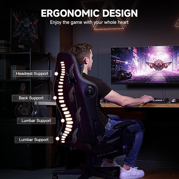 GTPLAYER Gaming Chair with Bluetooth Speakers Adjustable Backrest and Height 3D Armrests Footrest Ergonomic Computer Chair for Gamers (Dark Black)