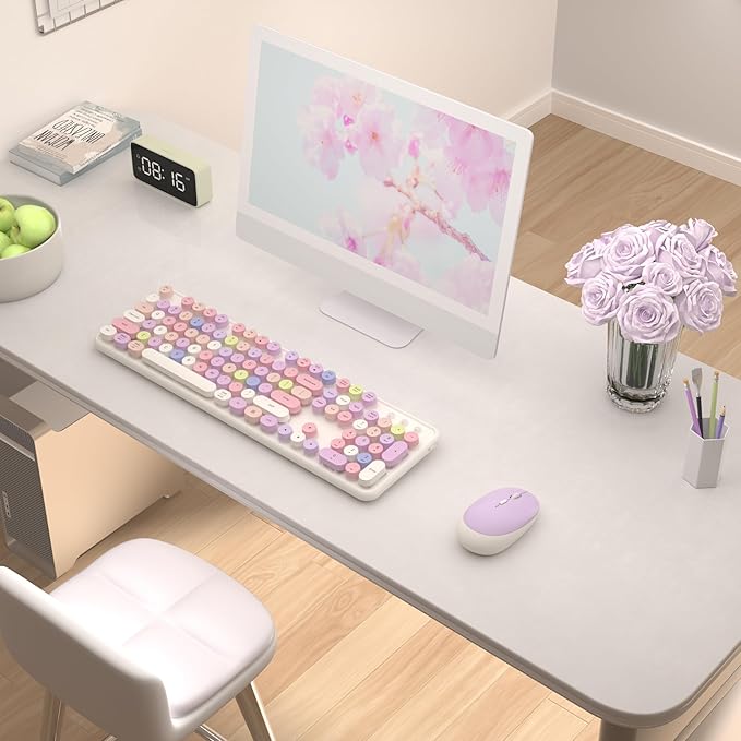 Colorful Wireless Keyboard and Mouse Combo COVEVA 2.4GHz Wireless Retro Cute Round Keycaps Keyboard 104 Keys Full-Sized Keyboard Mouse Set with Switch Button for PC Laptop Desktop (White Colorful)