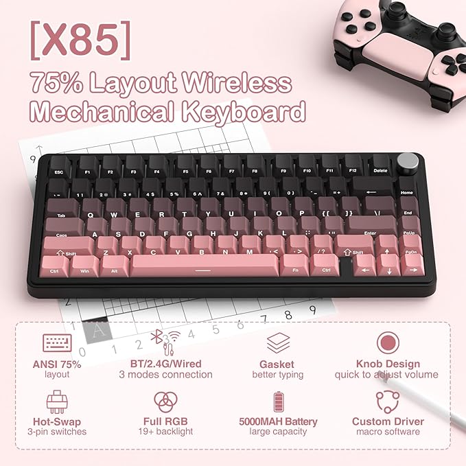 ATTACK SHARK X85 Wireless Mechanical Gaming Keyboard with KnobHot SwapBT/2.4GHz/USB-CSide Print PBT KeycapsGasketRGBCoiled CableLinear White Jade Switch for Win/PC/MAC
