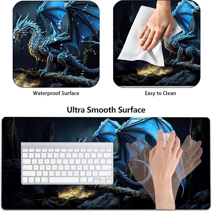Large Mouse Pad with Mouse Wrist Rest 31.5x11.8 in Extended Mouse Mat with Non-Slip PU Base Ergonomic Memory Foam Wrist Rest for Work &amp Gaming Writing Pad Blue Flying Dragon Office Desk Pad
